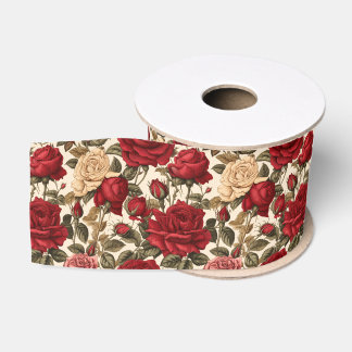 Ruban Gros-grain Roses rouges et blanches - Motif floral chic