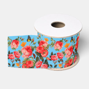 Ruban Gros-grain ROSES ROUGES ET PAPILLONS JAUNES Fleur Bleue