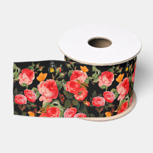 Ruban Gros-grain ROSES ROUGES ET PAPILLONS JAUNES Fleur noire