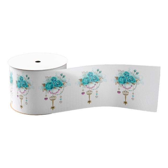 Ruban Gros-grain Roses turquoise avec touches (Bobine)