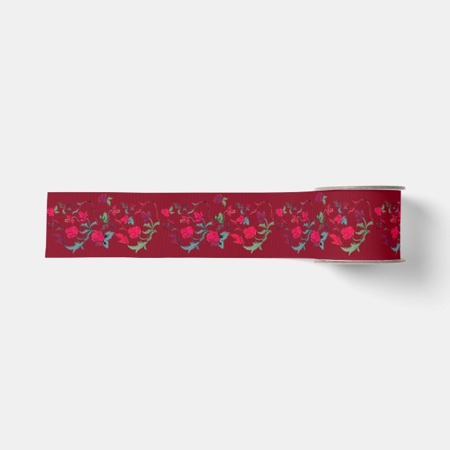 Ruban Gros-grain Ruban floral de Wassail rouge profond (Devant)