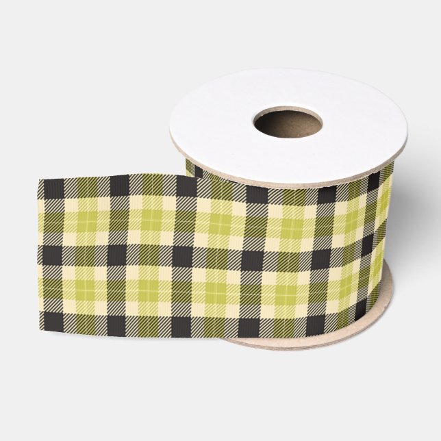 Ruban Gros-grain Ruban plaqué vert olive et noir Tartan (Bobine)