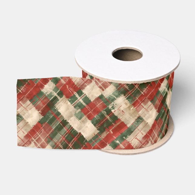 Ruban Gros-grain Rustic Christmas Red Green and Cream Tartan (Bobine)