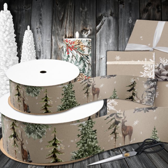 Ruban Gros-grain Rustique Kraft hiver Bois Épinette Arbres de renne (Rustic Kraft Winter Woodland Spruce Trees Reindeer Grosgrain Ribbon & In Satin In 1.5 & 3 Inch Width)