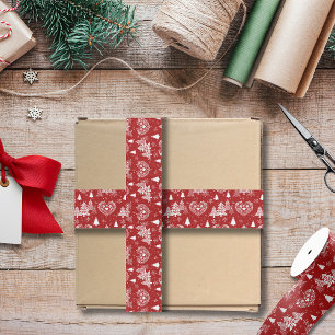 Ruban Gros-grain Sapin de Noël au cœur nordique rouge et blanc