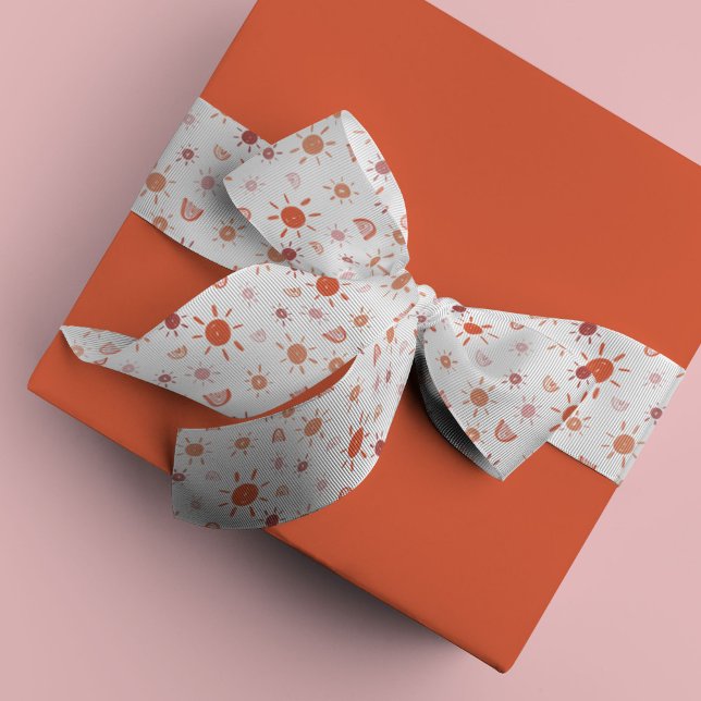 Ruban Gros-grain Soleil bohème et arc-en-ciel en rouge (Red watercolor sunshines and rainbows ribbon)