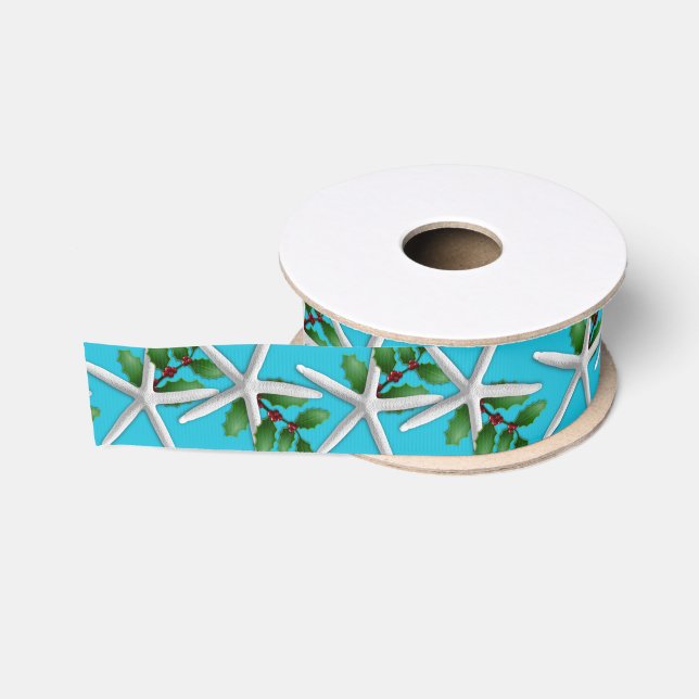 Ruban Gros-grain Starfish de Noël et Holly Aqua Blue (Bobine)
