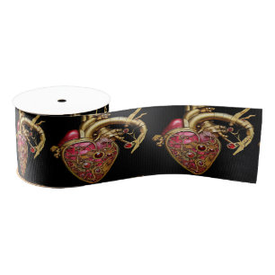 Ruban Gros-grain Steampunk Coeur Anatomique rubis et engrenages