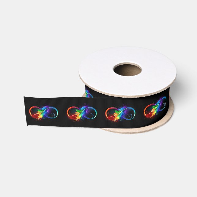 Ruban Gros-grain Symbole d'infini avec plume arc-en-ciel (Bobine)