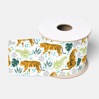 Ruban Gros-grain Tigres et Feuilles tropicaux Motifs