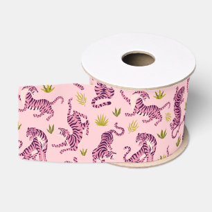 Ruban Gros-grain Tigres roses mignons Feuilles tropicales Animal ab