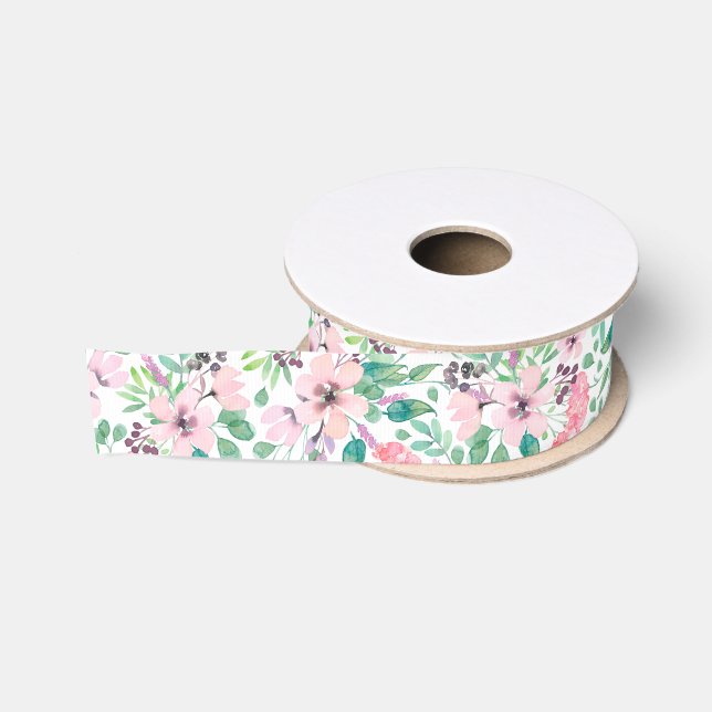 Ruban Gros-grain Toscane Aquarelles Motif Fleurs roses (Bobine)