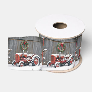 Ruban Gros-grain Tracteur rouge avec couronne de Noël