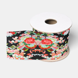 Ruban Gros-grain Traditional Japanese Kimono Floral Black Red 