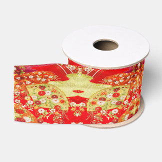 Ruban Gros-grain Traditional Japanese Kimono  Gold Red Floral 