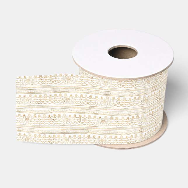 Ruban Gros-grain Tribal aztèque géométrique en or blanc (Bobine)