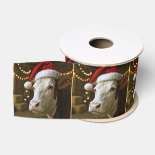 Ruban Gros-grain Vache Hereford de Noël portant un chapeau de Père