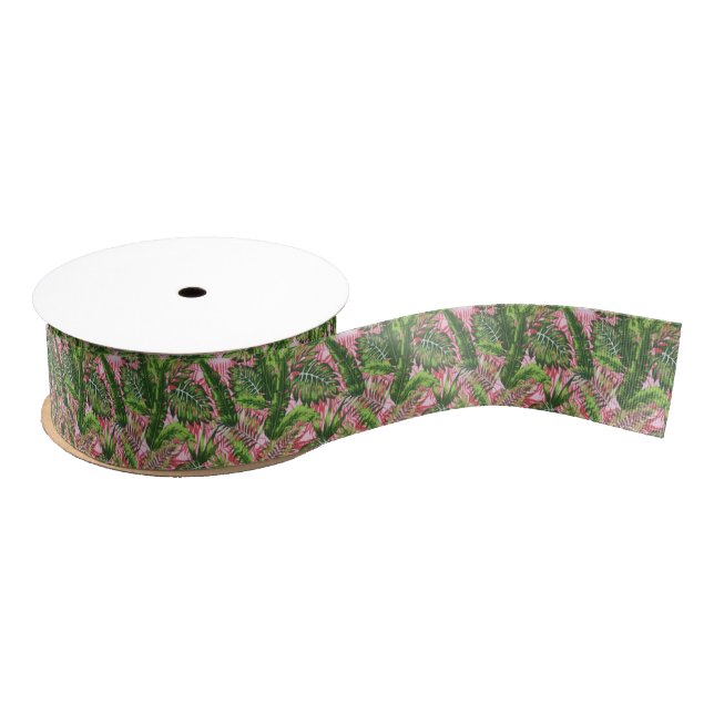 Ruban Gros-grain Vert rose Jungle tropicale Botanique (Bobine)