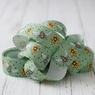 Ruban Gros-grain Vert sauge Abeilles Bourdonnantes & Fleurs de Cosm