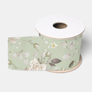 Ruban Gros-grain Vert sauge Rose florale vintage 