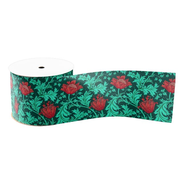 Ruban Gros-grain William Morris Anemone, Deep Red et Turquoise (Bobine)