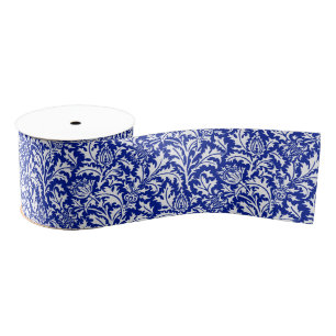 Ruban Gros-grain William Morris Thistle Damask White sur Cobalt Blu