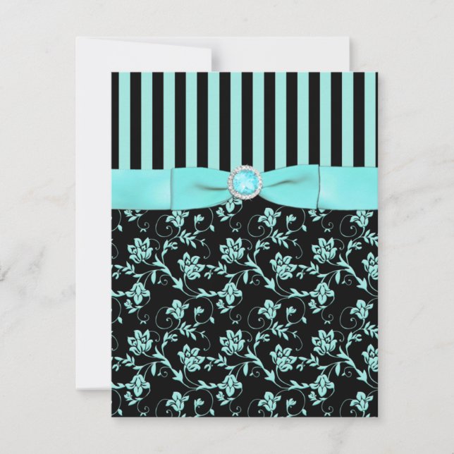 Ruban imprimé carte RSVP bleu aqua à rayures noire (Devant)