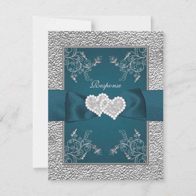 RUBAN IMPRIMÉ Carte RSVP Cœurs unis Teal, Gris (Devant)