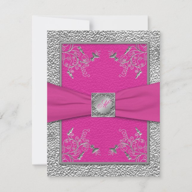 Ruban imprimé rose framboise, carte RSVP en métal  (Devant)