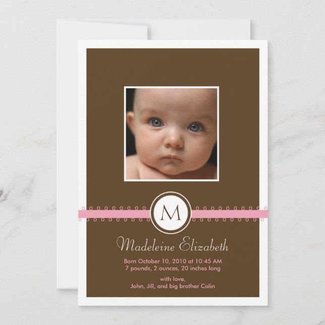 Ruban rose en satin avec Faire-part de naissance M (Devant)