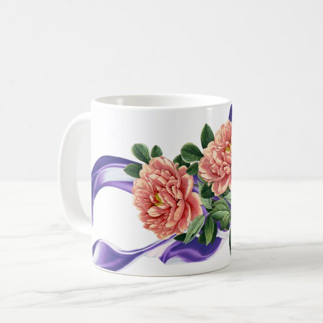 Ruban Royal Violet & Mariage Floral Favoriser Mug (Devant gauche)