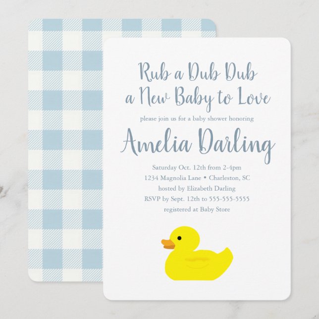 Rubber Duck Baby Shower Gingham Karo Einladung (Vorne/Hinten)