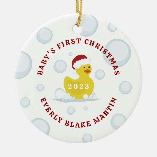 Rubber Duck Baby's First Christmas Bubbles Keramik Ornament (Vorne)