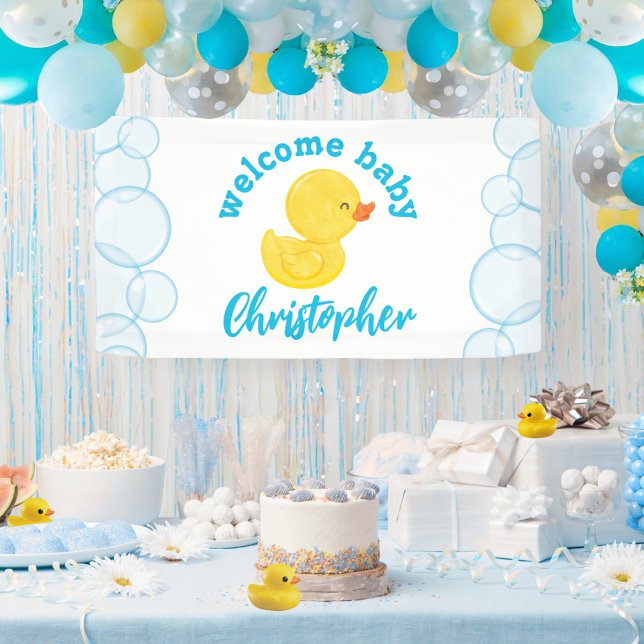 Rubber Duck Begrüßungsname Baby Name Hängend Vinyl Banner (Welcome Baby Name Rubber Duck Hanging Vinyl Baby Shower Banner in White)