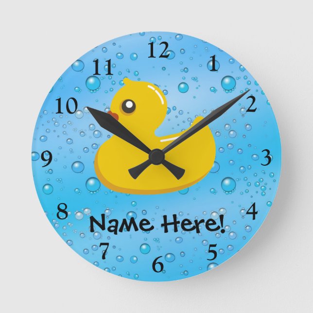 Rubber Duck Blue Bubbles Personalized Kids Runde Wanduhr (Vorderseite)