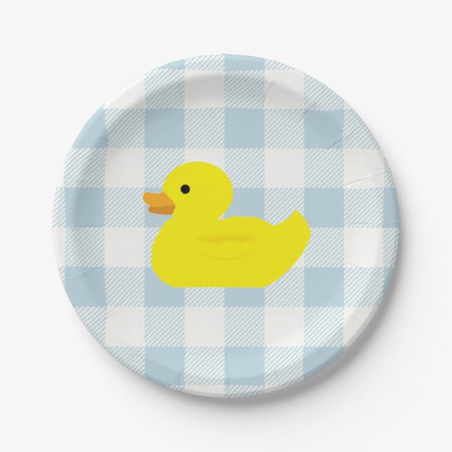 Rubber Duck Blue Gingham Pattern Pappteller (Vorderseite)
