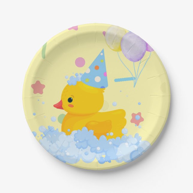 Rubber Duck Geburtstag mit Blasen und Confetti Pappteller (Vorderseite)
