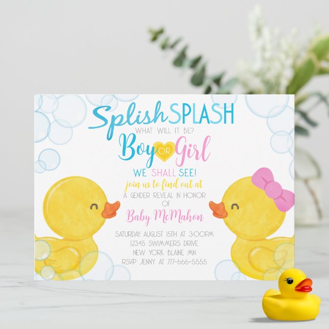 Rubber Duck Genre Revela Party Invitation (Splish Splash Boy or Girl Watercolor Rubber Duck Gender Reveal Party Invitations)