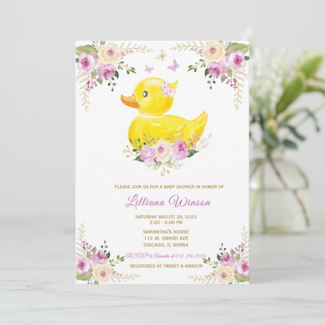RUBBER DUCK GIRL Baby Dusche Einladung (Stehend Vorderseite)