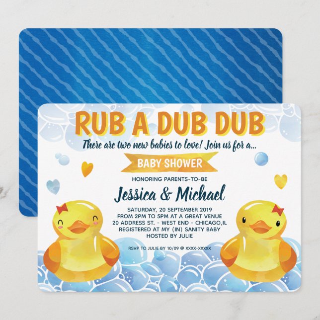 Rubber Duck Girls Twins Baby Dusche Einladung (Vorne/Hinten)