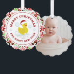 Rubber Duck Santa Christmas Foto Ornament Karte<br><div class="desc">Illustration einer gelben Gummiente mit Weihnachtsmannmütze,  umgeben von Blasen. Hintergrund ist rot und grün Aquarellmuster. Personalisieren Sie den Rücken mit dem Foto auf der Rückseite.</div>