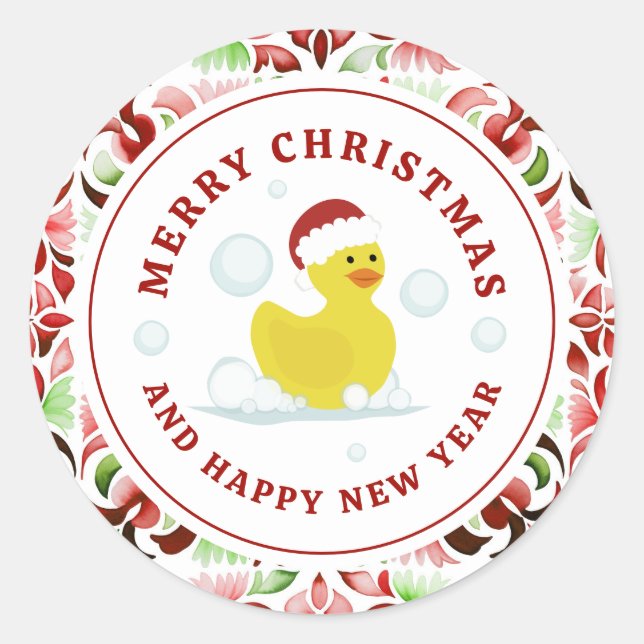 Rubber Duck Santa Christmas Foto Wasserfarbe Runder Aufkleber (Vorderseite)