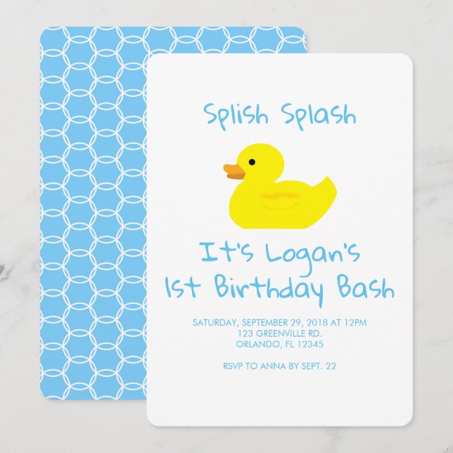 Rubber Duck Stripe First Birthday Party Invitation (Devant / Derrière)