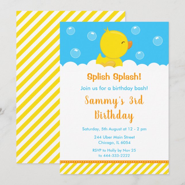 Rubber Ducky Birthday Party Gelb und Blau Einladung (Vorne/Hinten)
