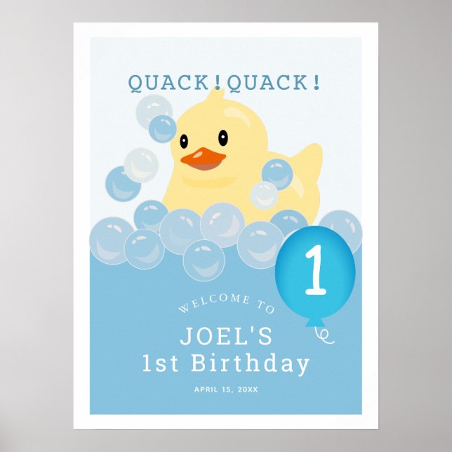 Rubber Ducky Blue Boy 1. Geburtstag Willkommen Poster (Vorne)