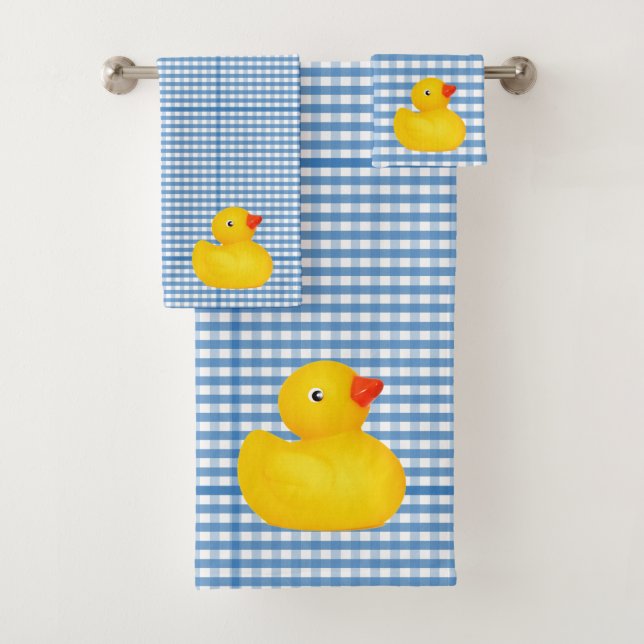 Rubber Ducky Duck Blue Gingham Badezimmer Handtuch Badhandtuch Set (Insitu)