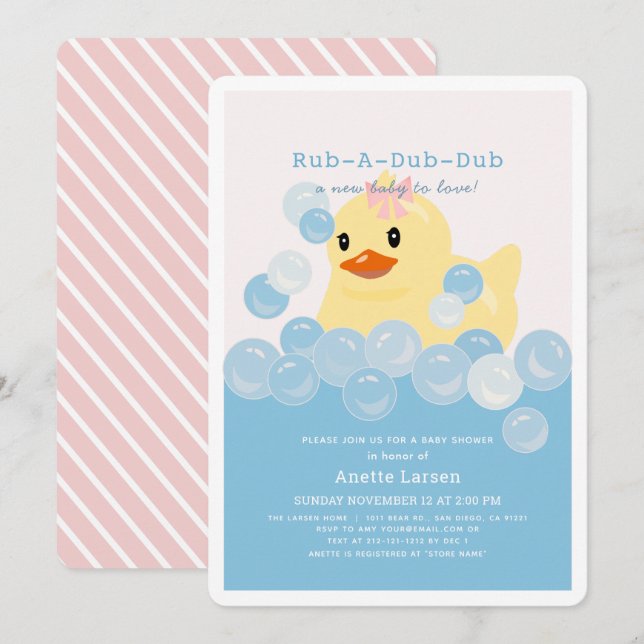Rubber Ducky Girl Pink Babydusche Einladung (Vorne/Hinten)