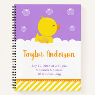Rubber Ducky Yellow und Lila Geburtenstatistik Notizbuch