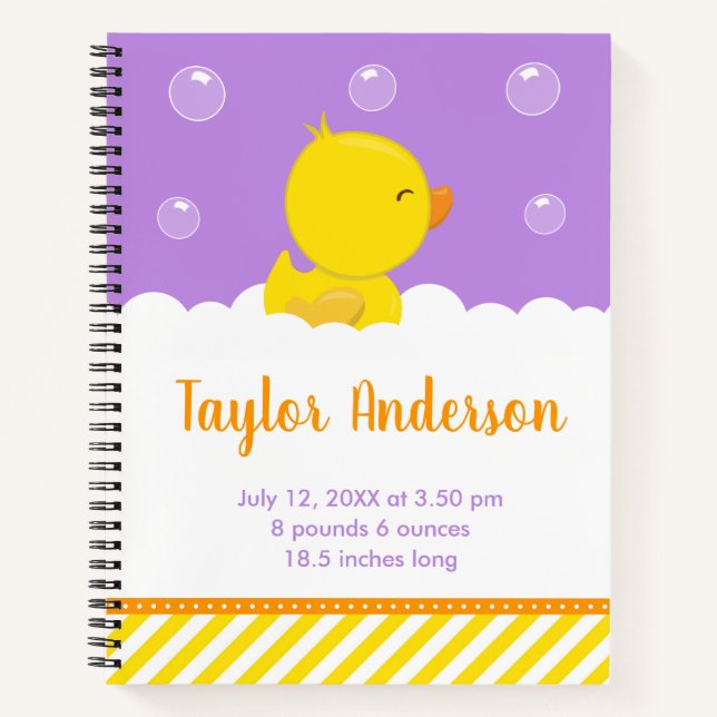 Rubber Ducky Yellow und Lila Geburtenstatistik Notizbuch (Vorderseite)
