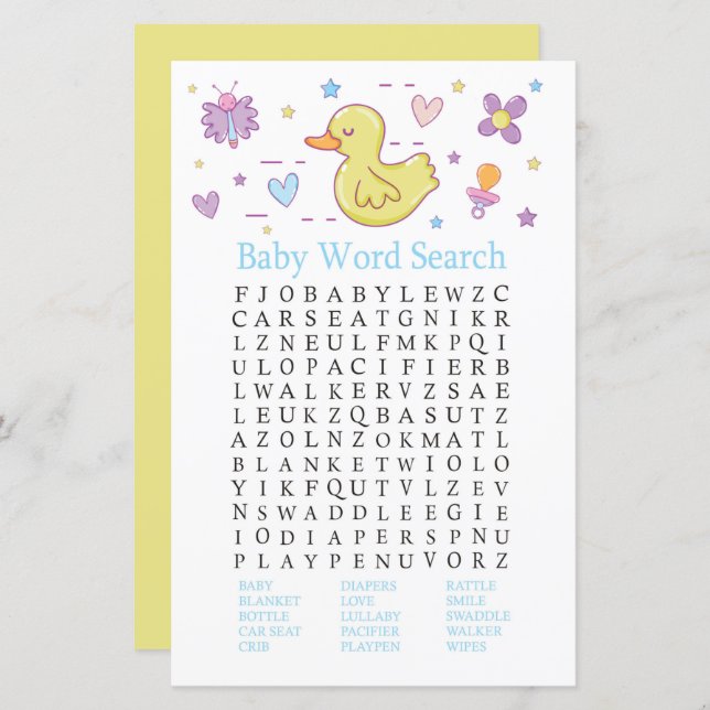 Rubber-Ente Baby Shower Word Search Game (Vorne/Hinten)